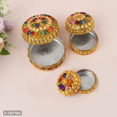 CRAFTAM Decorative Handicraft Golden Jewelry Dabbi Vanity Box Sindoor Dabbi (3 Pcs Se of Small, Medium, Big)