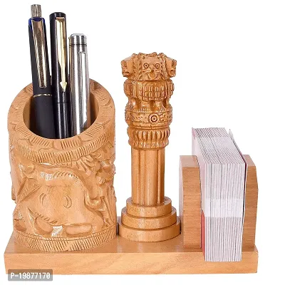 CRAFTAM Nature Wooden Pen Stand, Ashok Stambh And Visiting Card Holder for Child Desk, Office Use and Gifts-thumb2