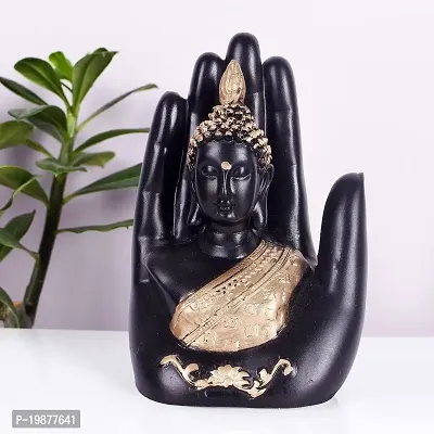 Craftam Handcrafted Palm Buddha Polyresin Showpiece for Home Decor, Diwali Gifts, Office, Study Table (Black and Golden)-thumb0