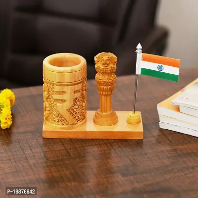 CRAFTAM Wooden Rupee Pen Stand, Ashok Pillar and Indian Flag for Office Use