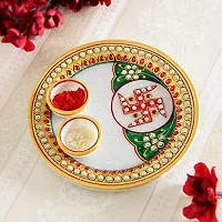 Craftam Marble Rajasthani Handicrafts Round Pooja Thali with Roli Rice Chopra Set for Wedding Gift, Rakhsha Bhandhan, Bhai Dooj, Tilak Tika Function (6x6 Inch)-thumb2