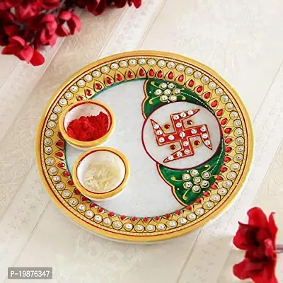 Craftam Marble Rajasthani Handicrafts Round Pooja Thali with Roli Rice Chopra Set for Wedding Gift, Rakhsha Bhandhan, Bhai Dooj, Tilak Tika Function (6x6 Inch)-thumb3