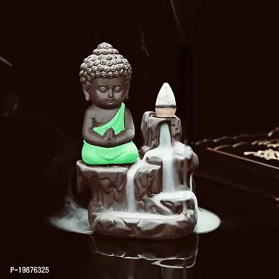CRAFTAM Meditating Monk Buddha Smoke Backflow Fountain Cone Incense Holder Decorative Showpiece with Free 10 Smoke Backflow Scented Cone Incense ( Green)