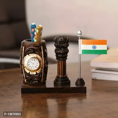 Craftam Browen Wooden Color Pen Stand with Table Clock, Ashok Stambh  Flag for Child Desk, Office Use and Gifts (14X6X11CM)