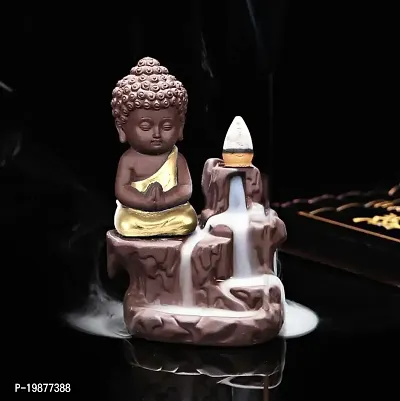 CRAFTAM Meditating Monk Buddha Smoke Backflow Fountain Cone Incense Holder Decorative Showpiece with Free 10 Smoke Backflow Scented Cone Incense ( Gold)
