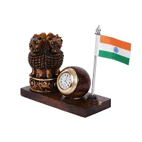 Craftam Wooden Brown Color Ashok Stambh Pen Stand with Table Clock  Flag for Office Use and Gift-thumb3