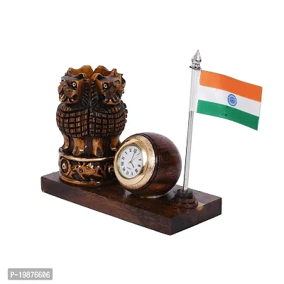 Craftam Wooden Brown Color Ashok Stambh Pen Stand with Table Clock  Flag for Office Use and Gift-thumb4