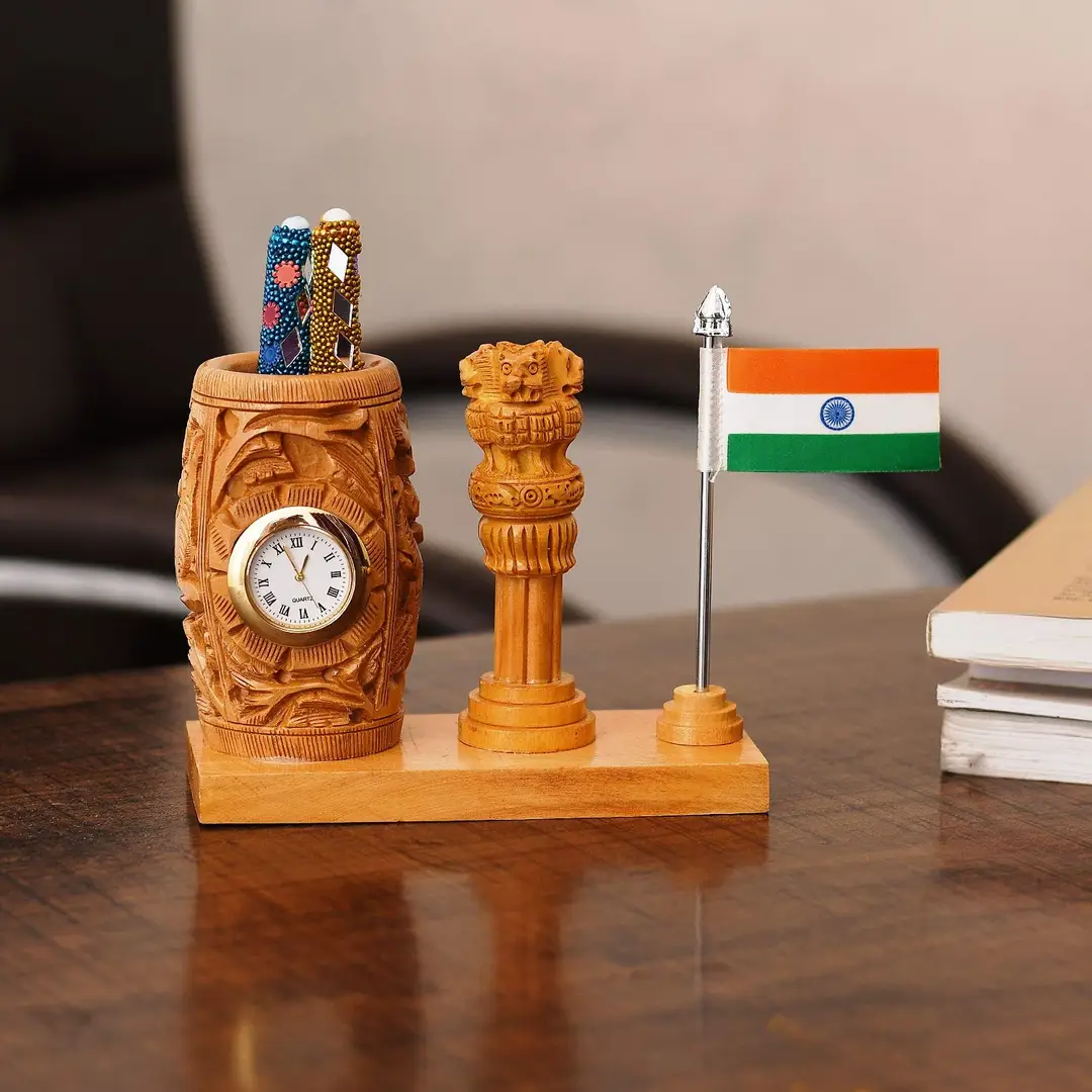 Light Brown Wooden Clock Pen Stand with Ashok Stambh and Flag for Office/Study  Table Stylish I Gift, Gifts for Men, Women, Office Desk Colleagues