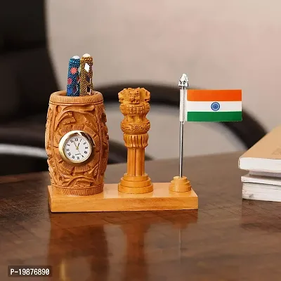 Craftam Nature Wooden Color Pen Stand with Table Clock, Ashok Stambh  Flag for Child Desk, Office Use and Gifts (14X6X11CM)