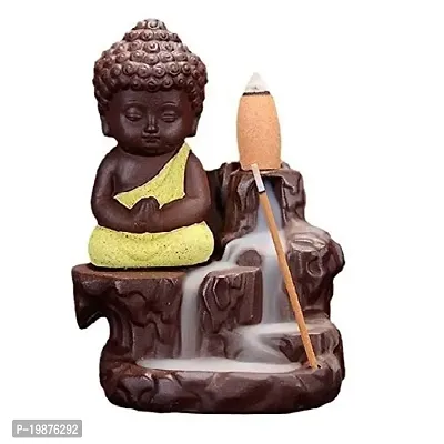 CRAFTAM Meditating Monk Buddha Smoke Backflow Fountain Cone Incense Holder Decorative Showpiece with Free 10 Smoke Backflow Scented Cone Incense (Yellow)-thumb0