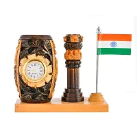 Craftam Wooden Color Pen Stand with Table Clock, Ashok Stambh  Flag for Child Desk, Office Use and Gifts-thumb1