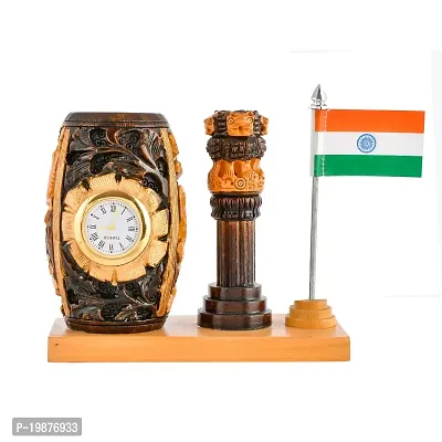 Craftam Wooden Color Pen Stand with Table Clock, Ashok Stambh  Flag for Child Desk, Office Use and Gifts-thumb2