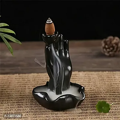 CRAFTAM Polyresin Decorative Smoke Backflow Cone Incense Holder with 10 Smoke Cones (Flower in Hand, Black-thumb0