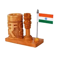 CRAFTAM Wooden Rupee Pen Stand, Ashok Pillar and Indian Flag for Office Use-thumb4