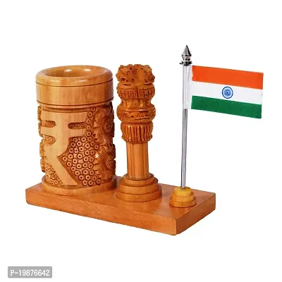 CRAFTAM Wooden Rupee Pen Stand, Ashok Pillar and Indian Flag for Office Use-thumb5