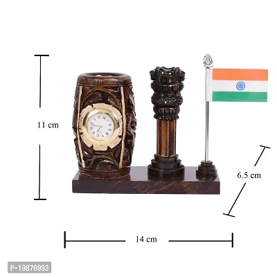 Craftam Browen Wooden Color Pen Stand with Table Clock, Ashok Stambh  Flag for Child Desk, Office Use and Gifts (14X6X11CM)-thumb5