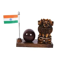 Craftam Wooden Brown Color Ashok Stambh Pen Stand with Table Clock  Flag for Office Use and Gift-thumb4