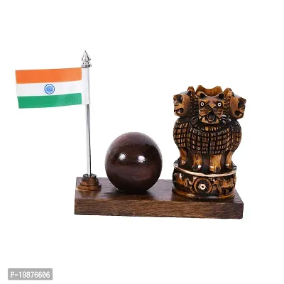 Craftam Wooden Brown Color Ashok Stambh Pen Stand with Table Clock  Flag for Office Use and Gift-thumb5