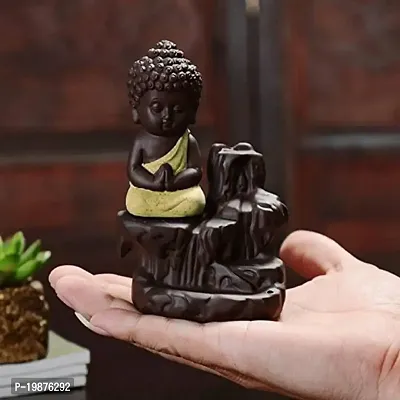 CRAFTAM Meditating Monk Buddha Smoke Backflow Fountain Cone Incense Holder Decorative Showpiece with Free 10 Smoke Backflow Scented Cone Incense (Yellow)-thumb3