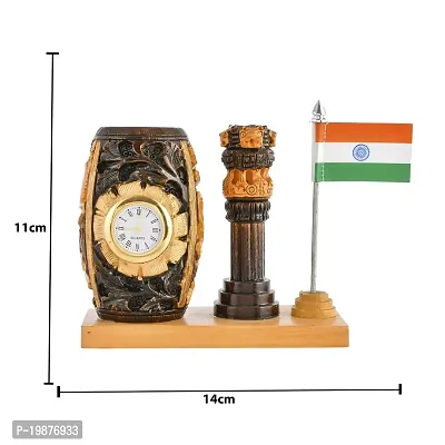 Craftam Wooden Color Pen Stand with Table Clock, Ashok Stambh  Flag for Child Desk, Office Use and Gifts-thumb5