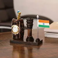 Craftam Browen Wooden Color Pen Stand with Table Clock, Ashok Stambh  Flag for Child Desk, Office Use and Gifts (14X6X11CM)-thumb1