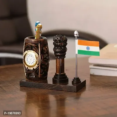 Craftam Browen Wooden Color Pen Stand with Table Clock, Ashok Stambh  Flag for Child Desk, Office Use and Gifts (14X6X11CM)-thumb2