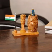 Craftam Nature Wooden Color Pen Stand with Table Clock, Ashok Stambh  Flag for Child Desk, Office Use and Gifts (14X6X11CM)-thumb2