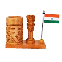 CRAFTAM Wooden Rupee Pen Stand, Ashok Pillar and Indian Flag for Office Use-thumb3