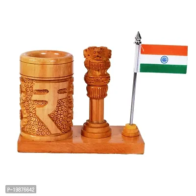 CRAFTAM Wooden Rupee Pen Stand, Ashok Pillar and Indian Flag for Office Use-thumb4