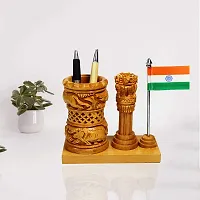 CRAFTAM Wooden Pen Stand Ashok Stambh  Flag for Child Desk, Office Use and Gifts-thumb1