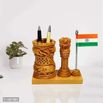 CRAFTAM Wooden Pen Stand Ashok Stambh  Flag for Child Desk, Office Use and Gifts-thumb2