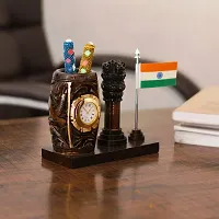 Craftam Browen Wooden Color Pen Stand with Table Clock, Ashok Stambh  Flag for Child Desk, Office Use and Gifts (14X6X11CM)-thumb2