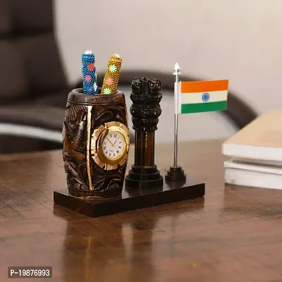 Craftam Browen Wooden Color Pen Stand with Table Clock, Ashok Stambh  Flag for Child Desk, Office Use and Gifts (14X6X11CM)-thumb3