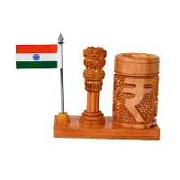 CRAFTAM Wooden Rupee Pen Stand, Ashok Pillar and Indian Flag for Office Use-thumb2