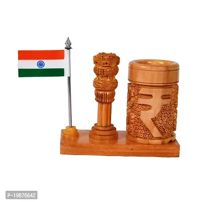 CRAFTAM Wooden Rupee Pen Stand, Ashok Pillar and Indian Flag for Office Use-thumb3