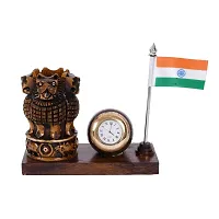 Craftam Wooden Brown Color Ashok Stambh Pen Stand with Table Clock  Flag for Office Use and Gift-thumb2