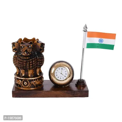 Craftam Wooden Brown Color Ashok Stambh Pen Stand with Table Clock  Flag for Office Use and Gift-thumb3