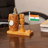 Craftam Nature Wooden Color Pen Stand with Table Clock, Ashok Stambh  Flag for Child Desk, Office Use and Gifts (14X6X11CM)-thumb4