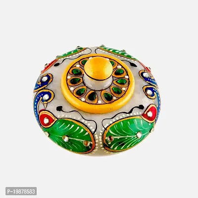 Craftam Marble Sindoor Dani, Sindoor Box, Kumkum Bharani Box (7.5 Cm X 7.5 Cm X 5 Cm) (Peacock)-thumb3