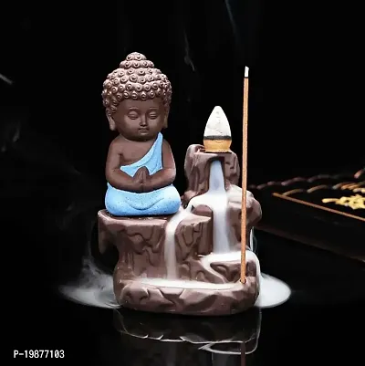 CRAFTAM Meditating Monk Buddha Smoke Backflow Fountain Cone Incense Holder Decorative Showpiece with Free 20 Smoke Backflow Scented Cones Incense (Blue)