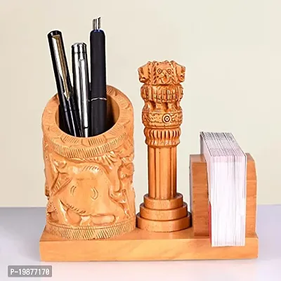 CRAFTAM Nature Wooden Pen Stand, Ashok Stambh And Visiting Card Holder for Child Desk, Office Use and Gifts-thumb0