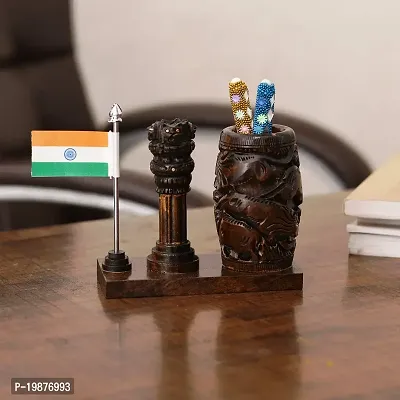 Craftam Browen Wooden Color Pen Stand with Table Clock, Ashok Stambh  Flag for Child Desk, Office Use and Gifts (14X6X11CM)-thumb4