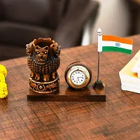 Craftam Wooden Brown Color Ashok Stambh Pen Stand with Table Clock  Flag for Office Use and Gift-thumb1