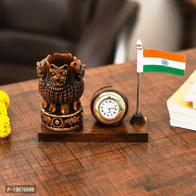 Craftam Wooden Brown Color Ashok Stambh Pen Stand with Table Clock  Flag for Office Use and Gift-thumb2