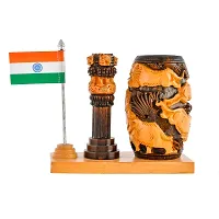 Craftam Wooden Color Pen Stand with Table Clock, Ashok Stambh  Flag for Child Desk, Office Use and Gifts-thumb3