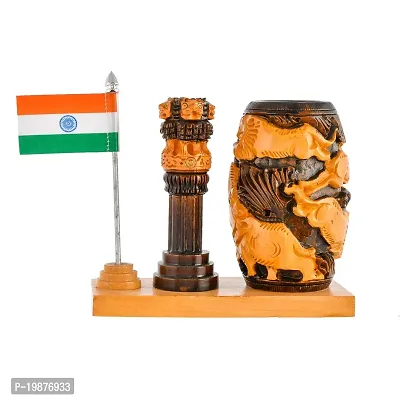 Craftam Wooden Color Pen Stand with Table Clock, Ashok Stambh  Flag for Child Desk, Office Use and Gifts-thumb4