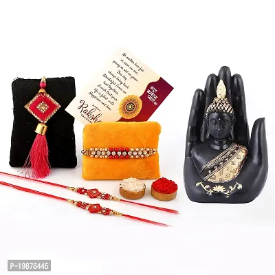 Craftam Resin Buddha Idol, Raksha Bandhan Greeting, Roli Rice Pack and 4 Rakhi Gifts Combo Set (Black and Golden, 10 cm x 7 cm x 16 cm)