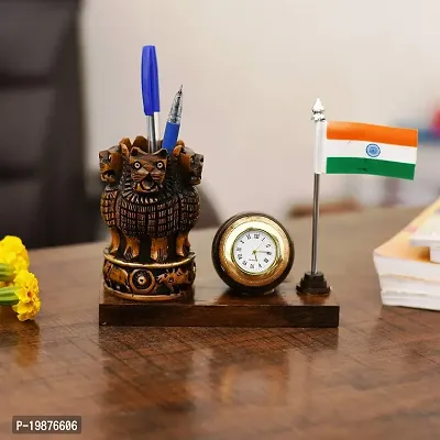 Craftam Wooden Brown Color Ashok Stambh Pen Stand with Table Clock  Flag for Office Use and Gift