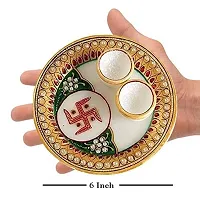 Craftam Marble Rajasthani Handicrafts Round Pooja Thali with Roli Rice Chopra Set for Wedding Gift, Rakhsha Bhandhan, Bhai Dooj, Tilak Tika Function (6x6 Inch)-thumb1