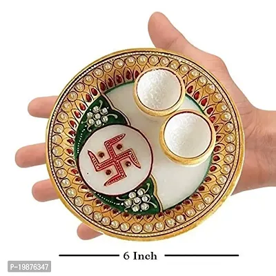 Craftam Marble Rajasthani Handicrafts Round Pooja Thali with Roli Rice Chopra Set for Wedding Gift, Rakhsha Bhandhan, Bhai Dooj, Tilak Tika Function (6x6 Inch)-thumb2